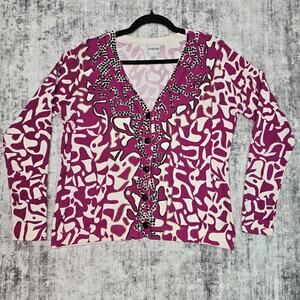 Chicos Cardigan Sweater Womens Size 1 Pink White Sequin Beaded Silk Blend V Neck